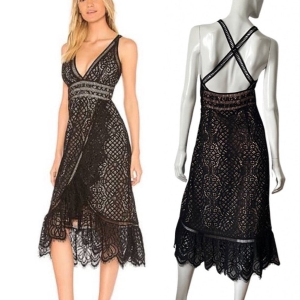 Lovers + Friends Black Lace Deep V Frill Sleeveless Dress, M